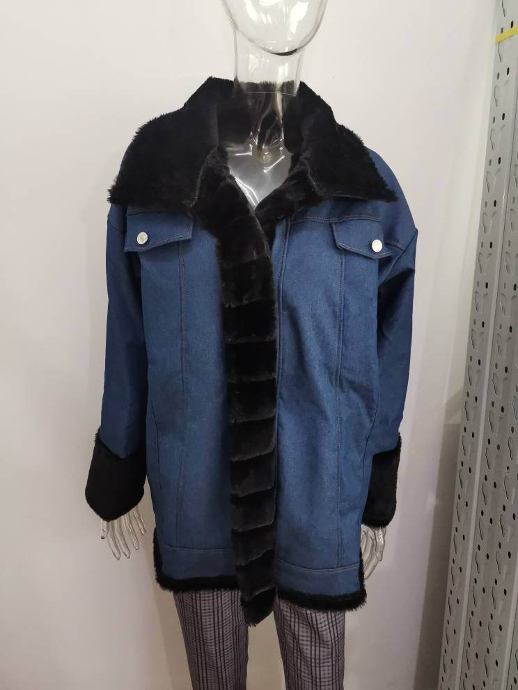 Ladies Fur One Denim Long Long Sleeve Coat - Velora
