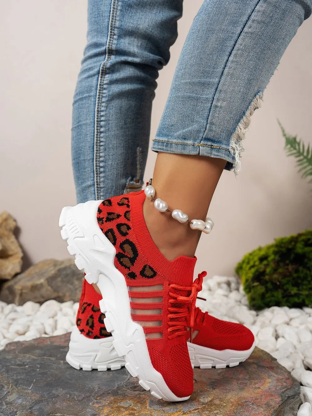 Cutout Leopard Lace Up Mesh Athletic - Velora
