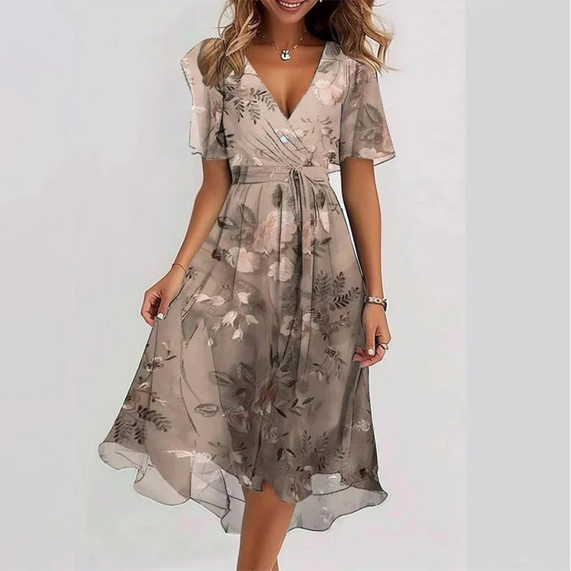 Flowers Printed V-neck Dress Summer A-line Short-sleeved Dresses For Women Velora