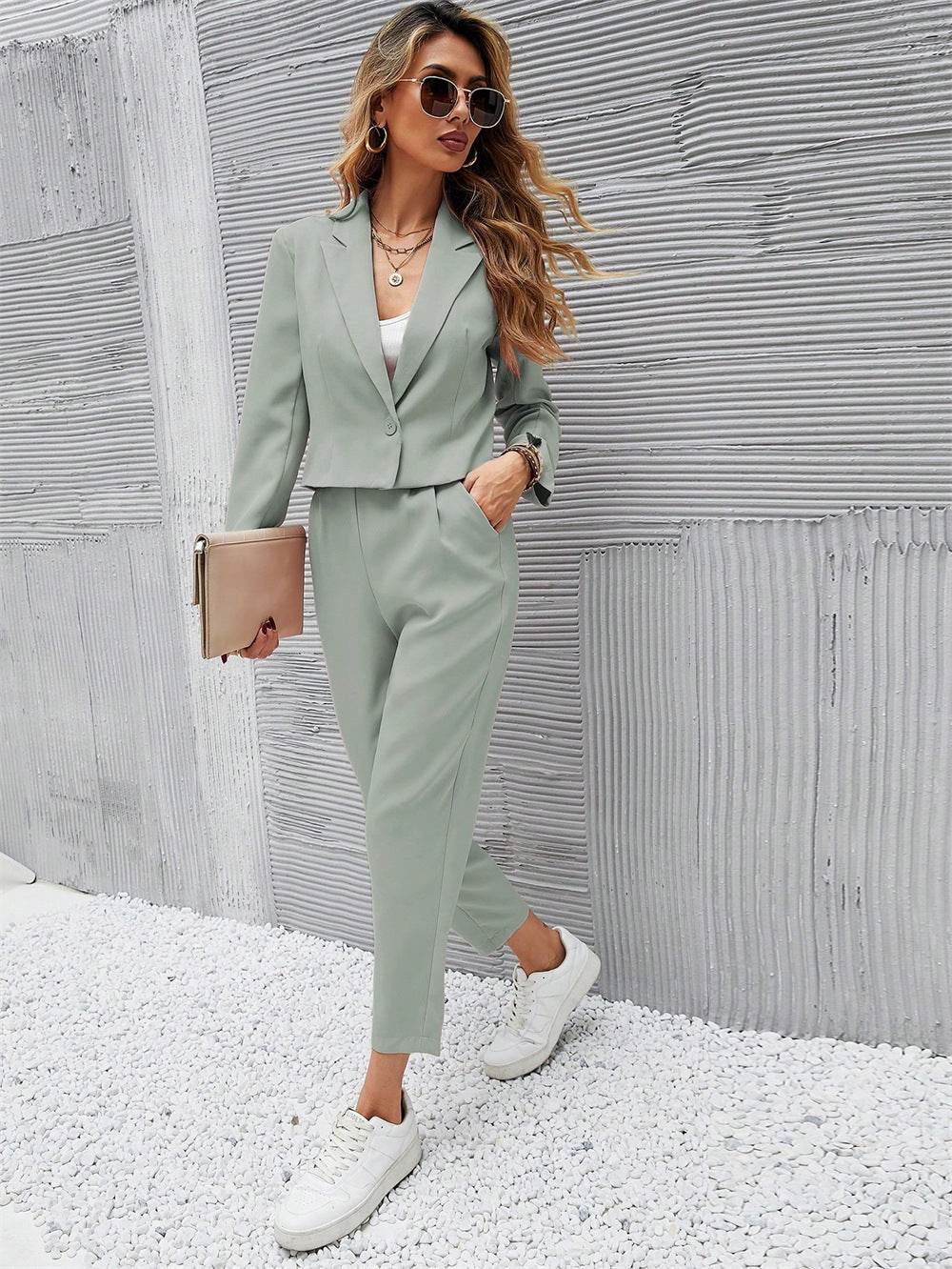 Solid Color Lapel Long Sleeve Dungarees Fashion Two-piece Suit - Velora