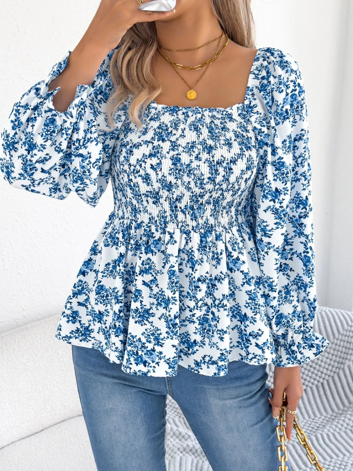 Floral Square Neck Flounce Sleeve Blouse - Velora