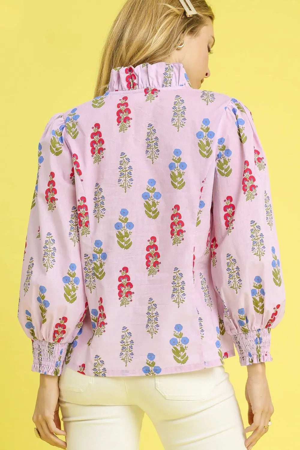Umgee Floral Print Lantern Sleeve Button Down Shirt - Velora