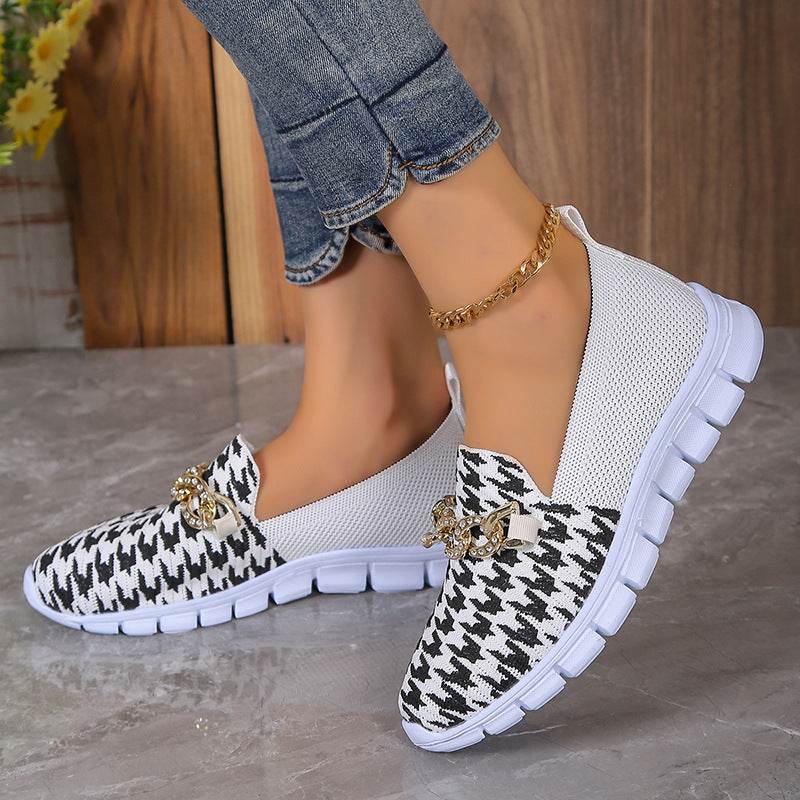 Casual Houndstooth Print Chain Mesh Shoes Summer Walking Sports Flat Shoes Women Breathable Loafers - Velora