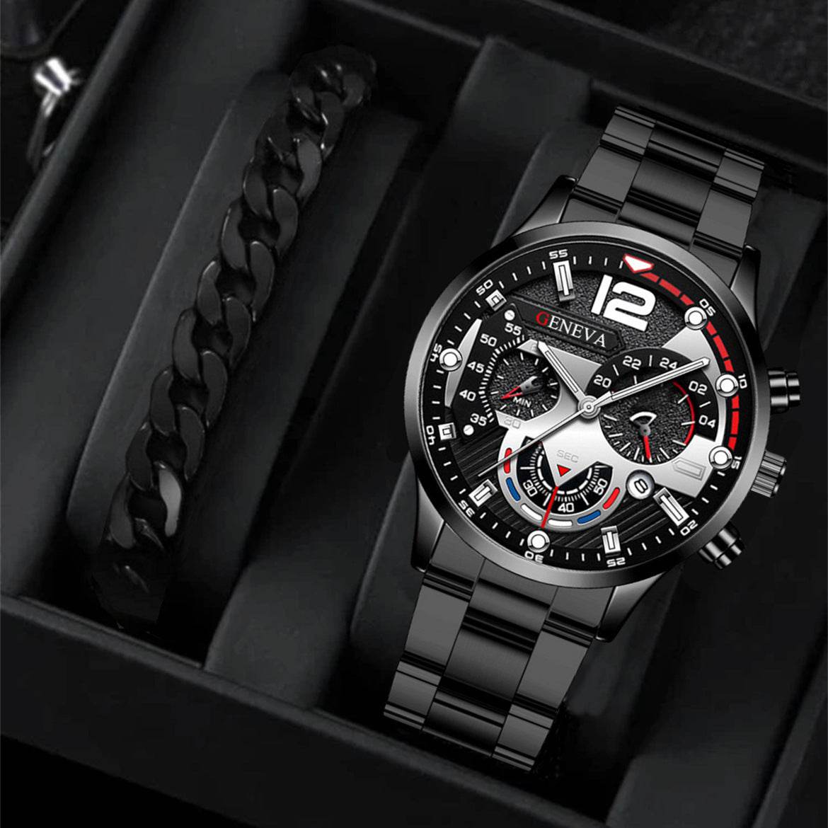 2pcs Men's New Popular Steel Strip Fashion Business Three Eye Quartz Watch Bracelet Set Valentine's Day Gifts - Velora