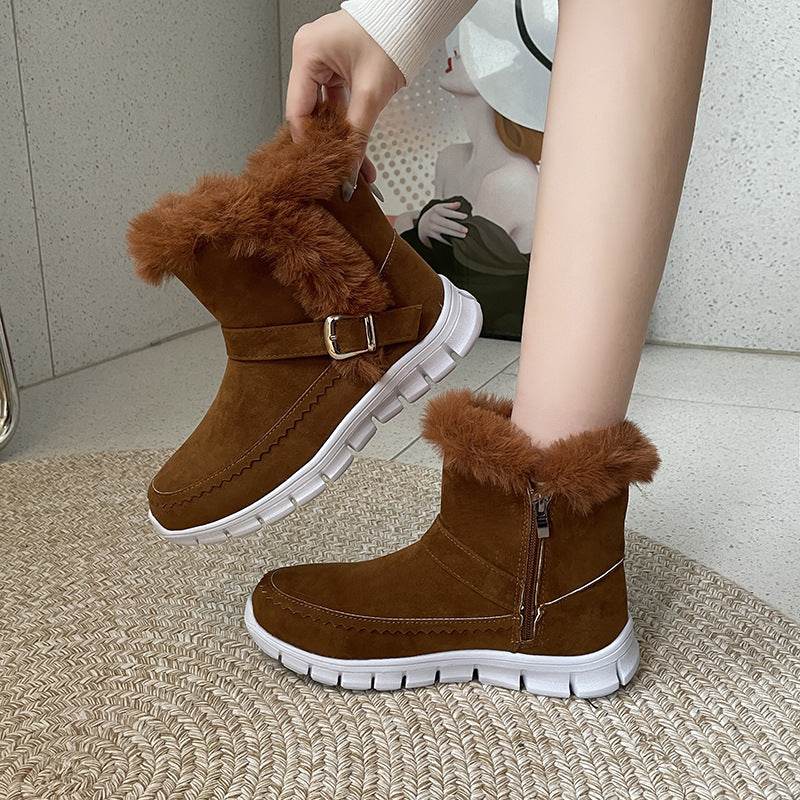 New Snow Boots Winter Warm Thickened Solid Color Plush Ankle Boots With Buckle Design Plus Velvet Flat Shoes For Women - Velora