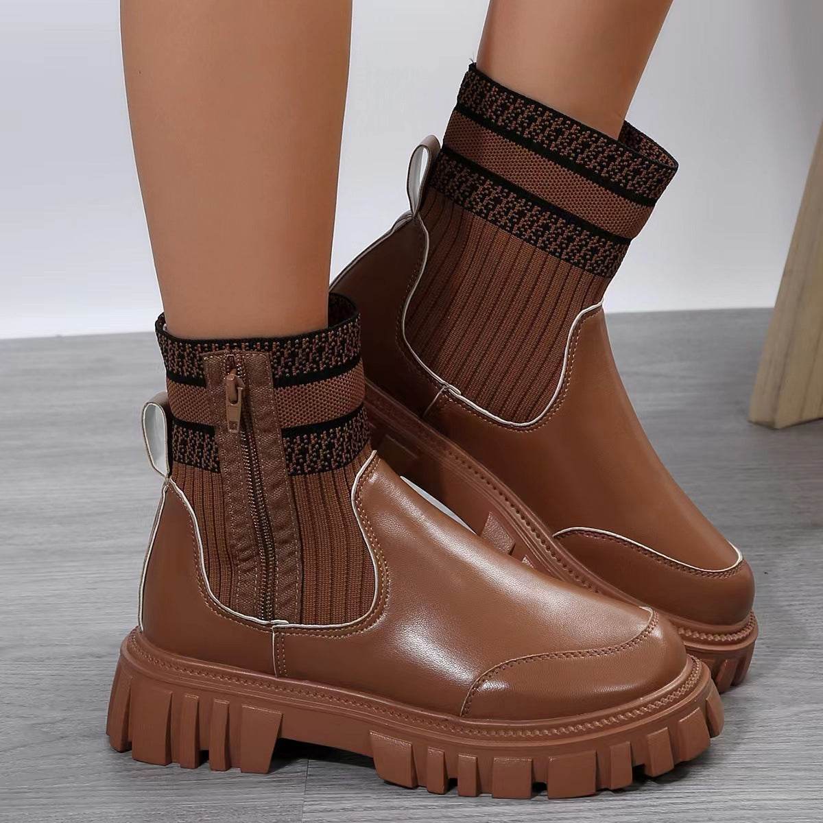 Fashion Mid-tube Boots With Zipper Design Non-slip Thick Sole Elastic Knitted Patchwork Boots For Women Round Toe Shoes Winter - Velora