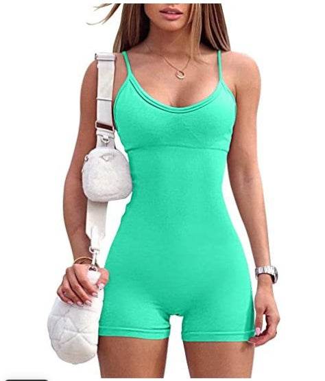 Spaghetti Strap Shorts Jumpsuit Sports Yoga Workout Tight Romper Women Fashion Fitness Sportwear - Velora
