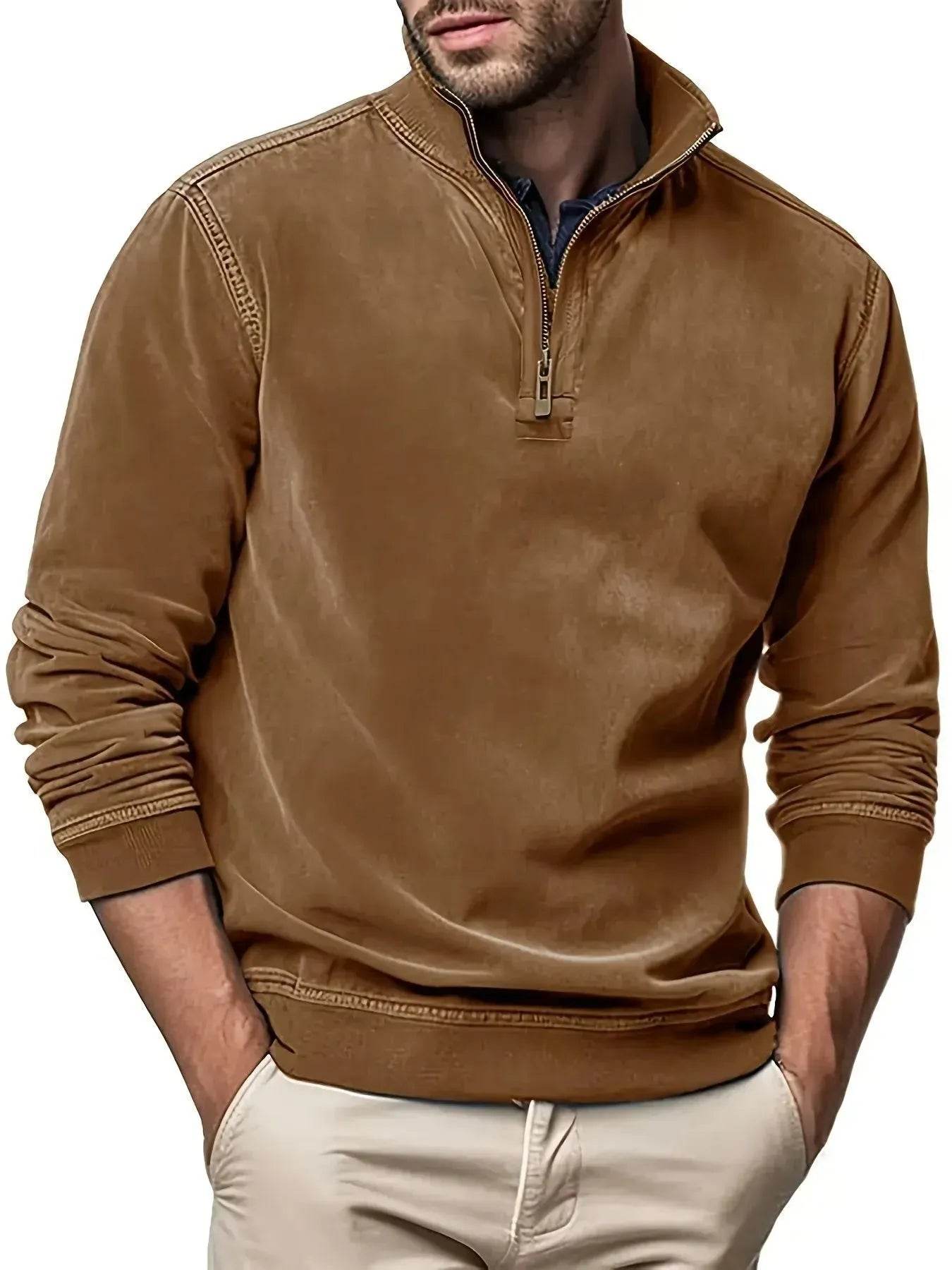 Men Faux Leather Sweatshirts Solid Color Stand Collar Zipper Long Sleeve Tops Fall Winter Casual Pullovers - Velora