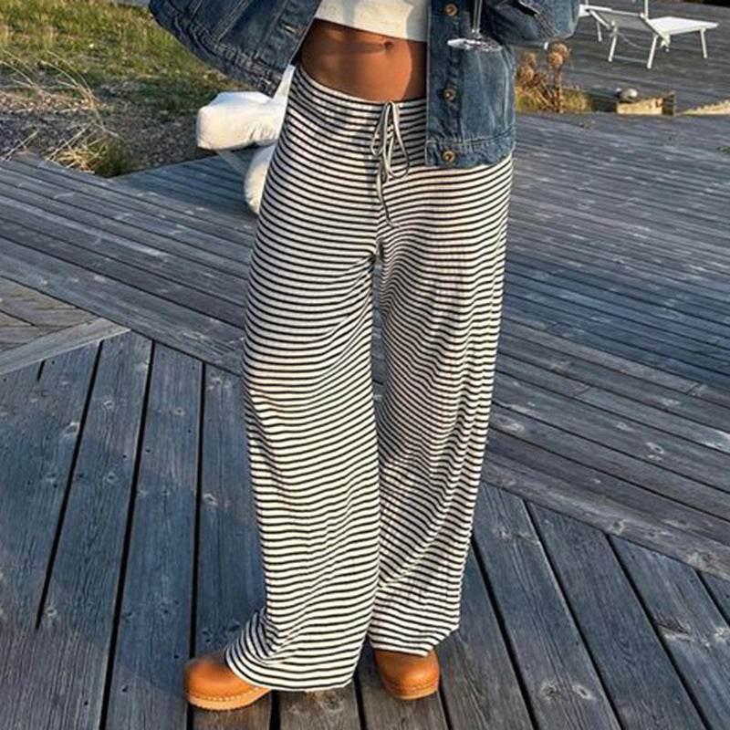 Women's Striped Print Trousers Y2K Fashion Casual Lace Up Home Straight Wide-leg Pants - Velora