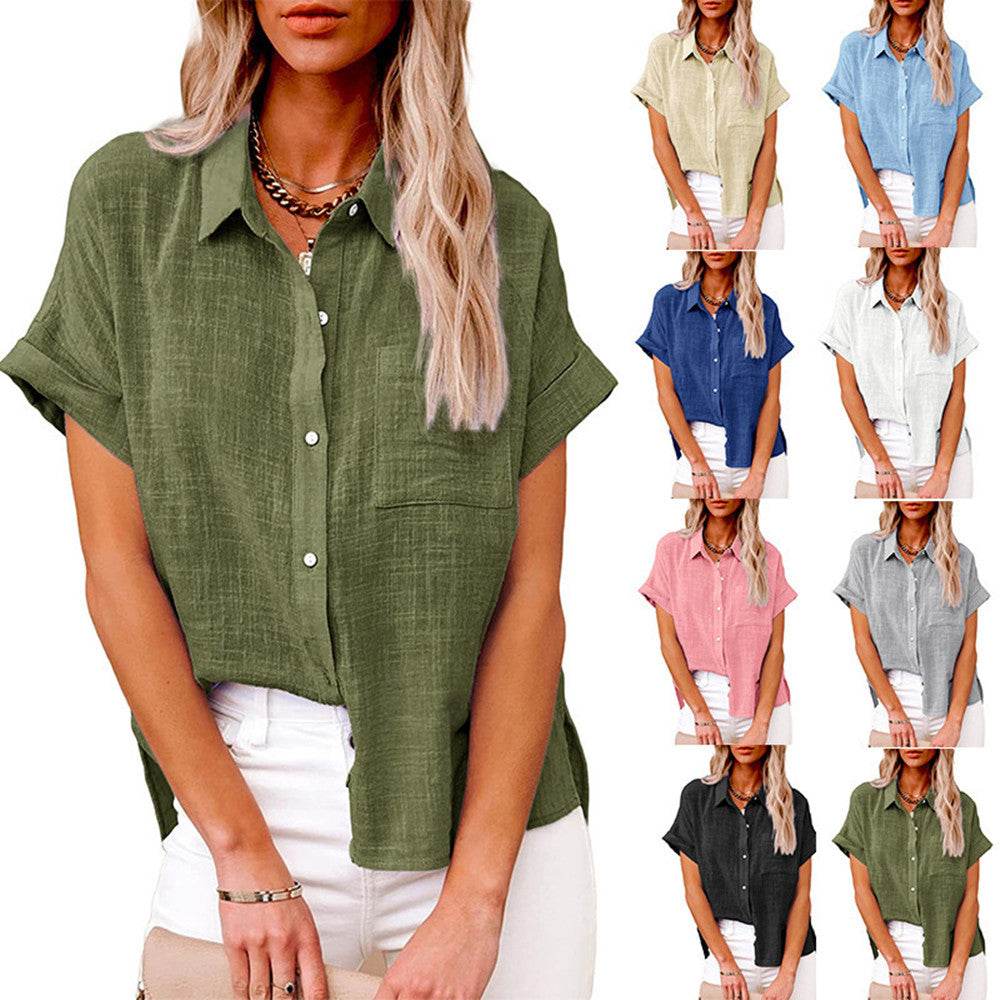 Summer Lapel Short Sleeve Shirt With Pockets Fashion Casual Solid Color Button Tops Women's Clothing - Velora