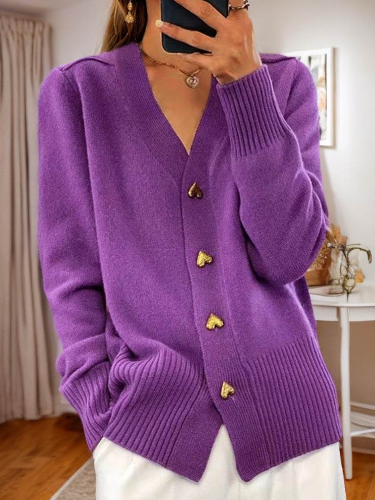 V-neck Knitted Sweater With Love Button Fashion Solid Long-sleeved Cardigan Spring And Autumn Women's Clothing - Velora