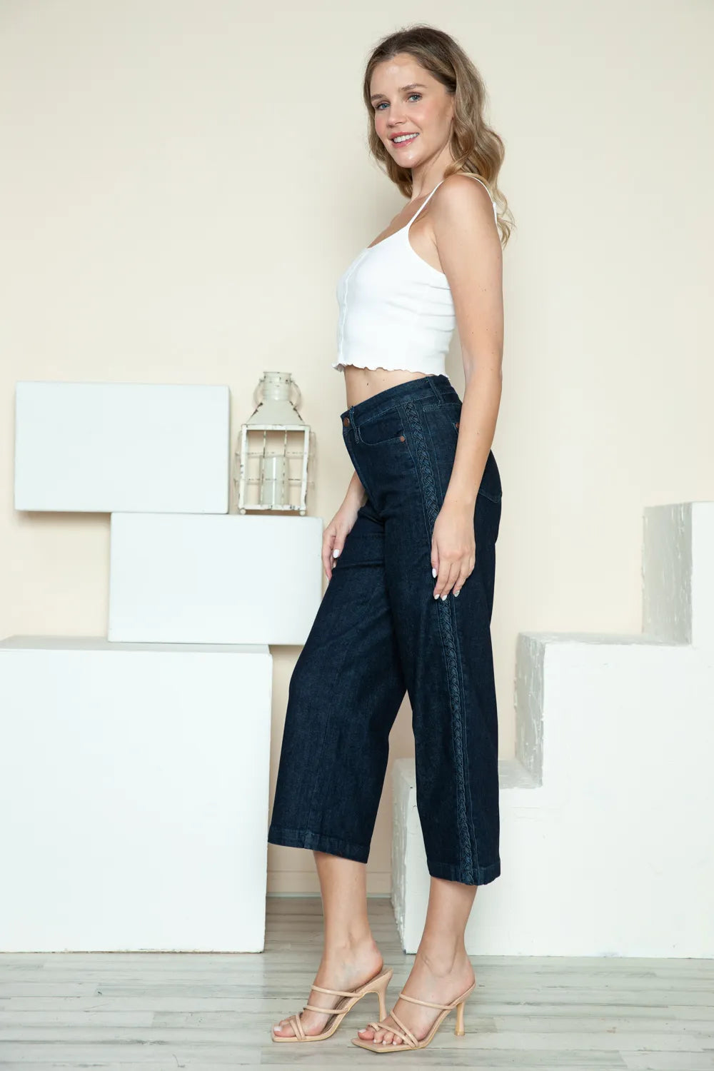 Judy Blue Full Size Side Seam Braid Detail Crop Wide Leg Jeans - Velora