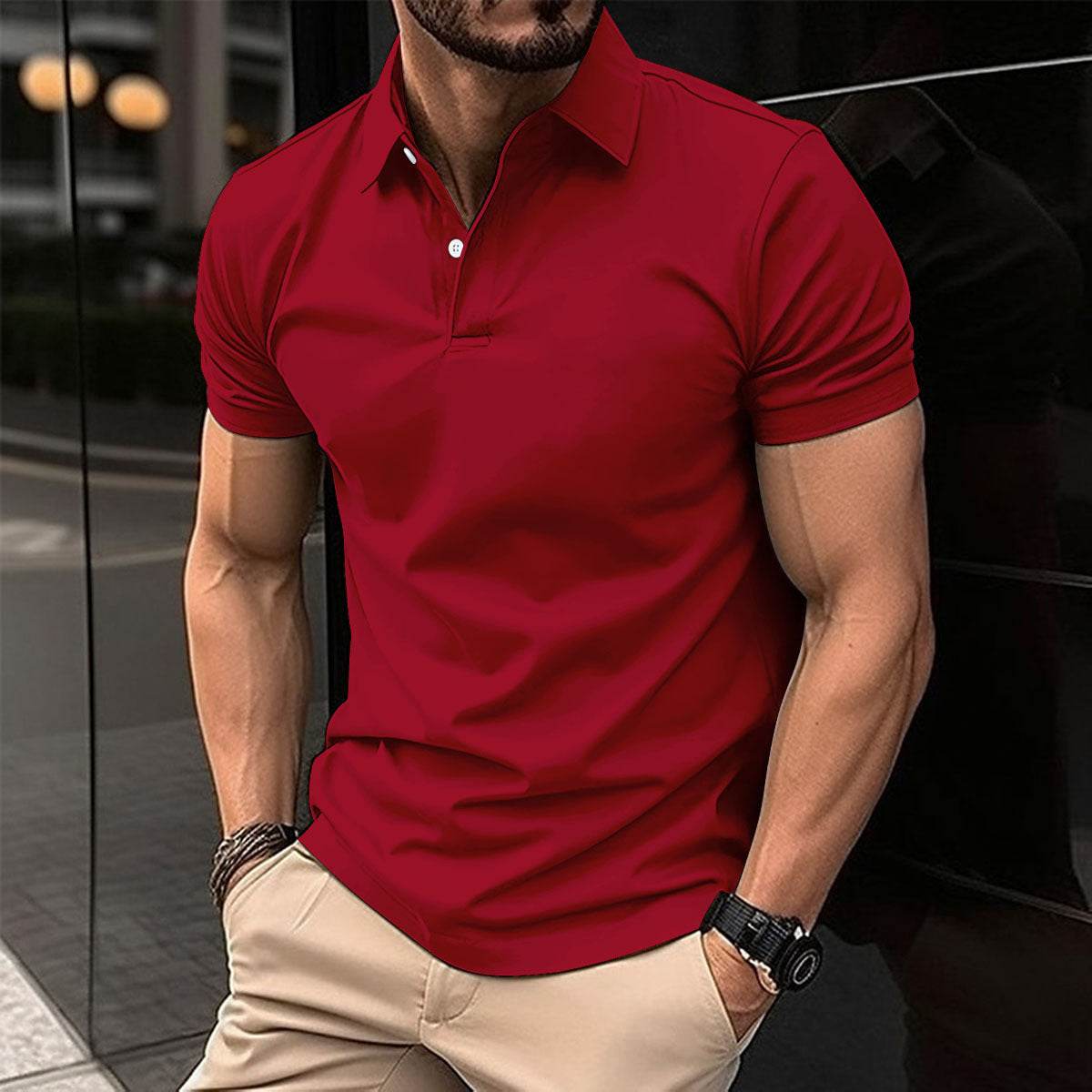 Summer Short Sleeve Polo Shirt Men Solid Color Button Lapel Button Top - Velora