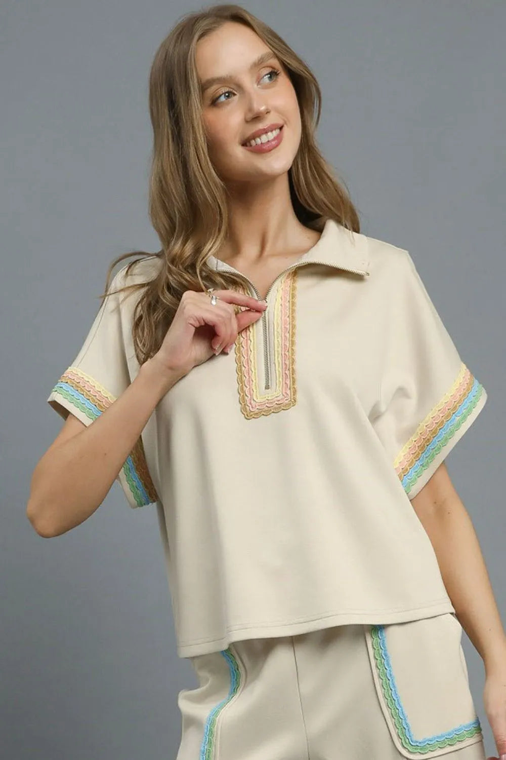 Umgee Contrast Trim Half Zip Collared Blouse - Velora