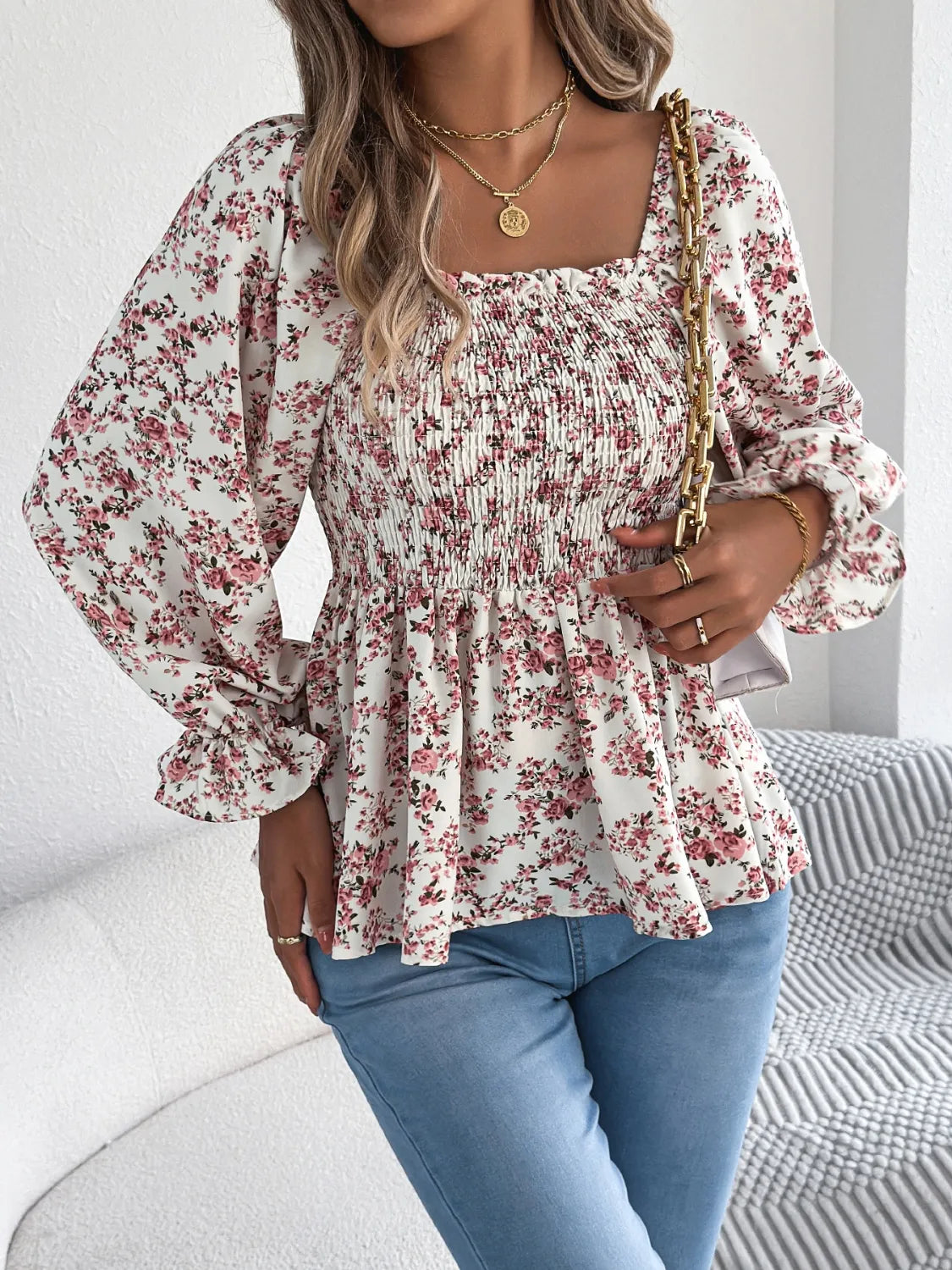 Floral Square Neck Flounce Sleeve Blouse - Velora