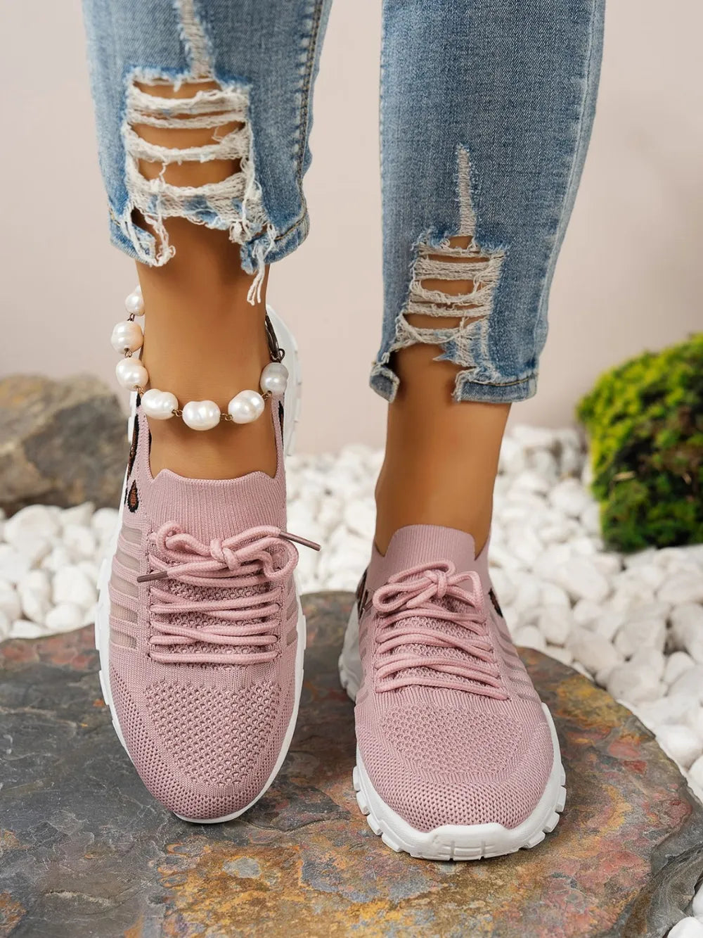 Cutout Leopard Lace Up Mesh Athletic - Velora
