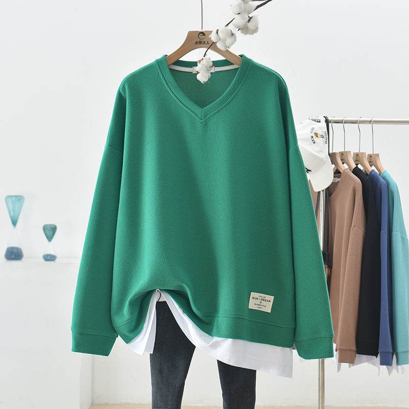 Waffle Stitching False Two-piece Sweaters Women's Autumn Loose Oversized Long Sleeves V-neck - Velora