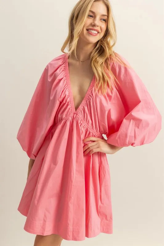 HYFVE Plunge Balloon Sleeve Poplin Mini Dress with Pockets - Velora