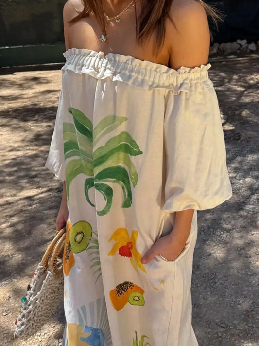 Frill Printed Off-Shoulder Dress - Velora