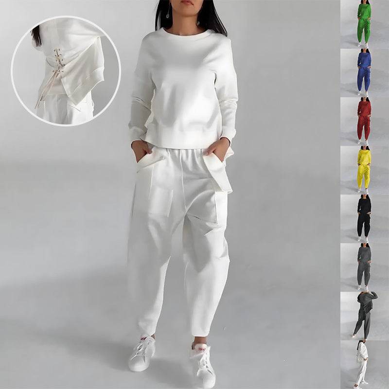 Solid Color Fashion Sweatshirt Long Sleeve Back Slit Top With Pockets Loose Trousers Women's Clothing - Velora
