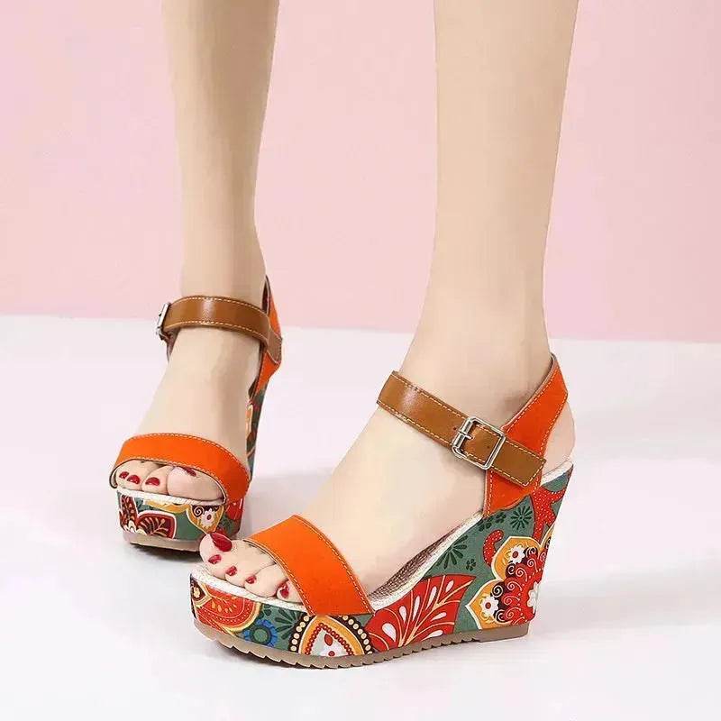 Fashion Flowers Embroidered High Wedge Sandals For Women Summer Toe Platform Buckle Shoes - Velora