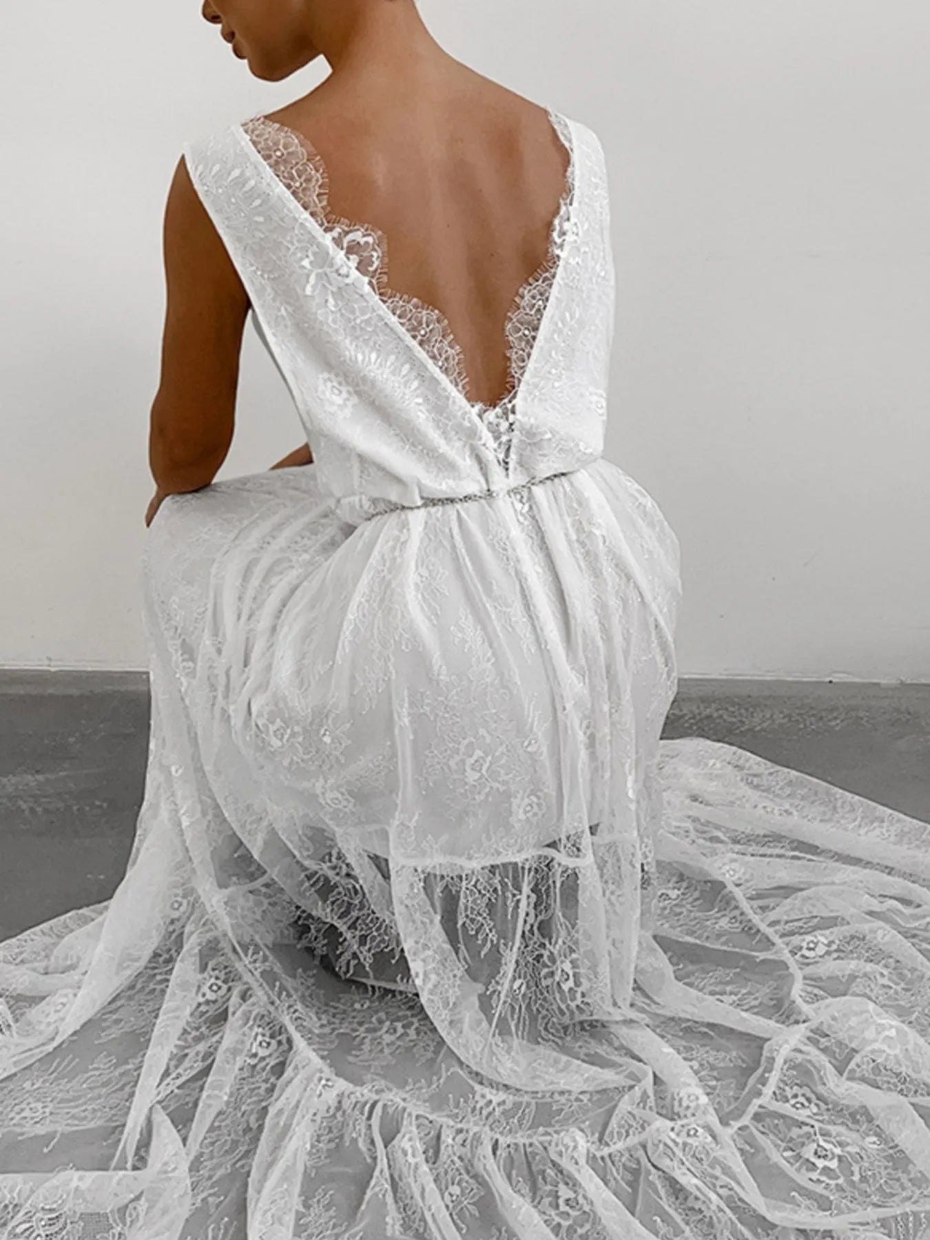 Lace Deep V-Neck Maxi Dress - Velora