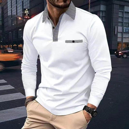 Leisure Plaid Lapel Polo Shirt Fashion Solid Color Long Sleeve Tops Men's Clothing - Velora