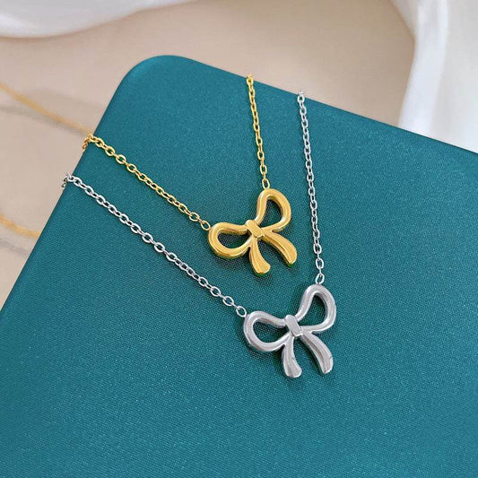 Whole Titanium Steel Mori Style Bowknot Minimalist Style Real Gold Clavicle Necklace For Women - Velora