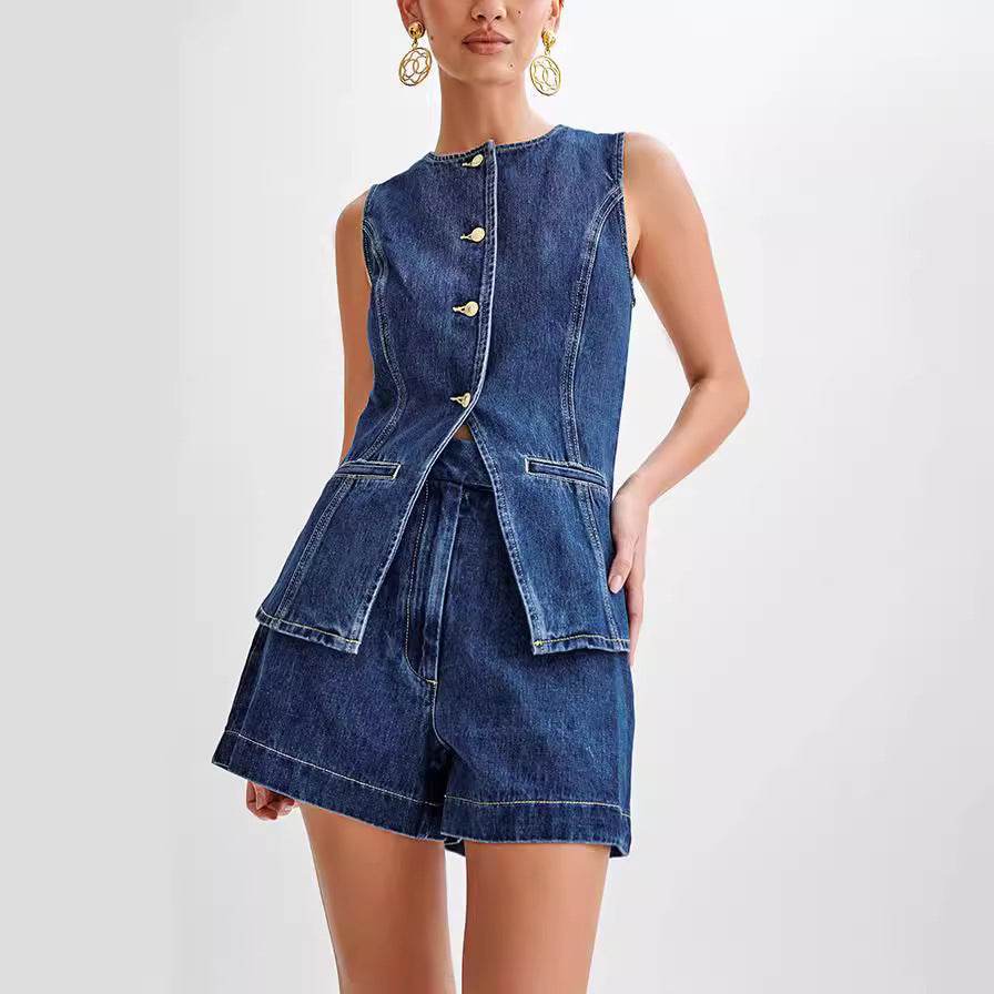Fashion Denim Suit Summer Casual Sleeveless Button Vest Top And High Waist Shorts Set For Womens Clothing - Velora