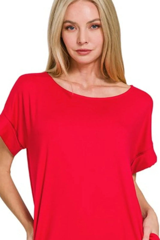 Zenana Rolled Short Sleeve Round Neck Dress - Velora