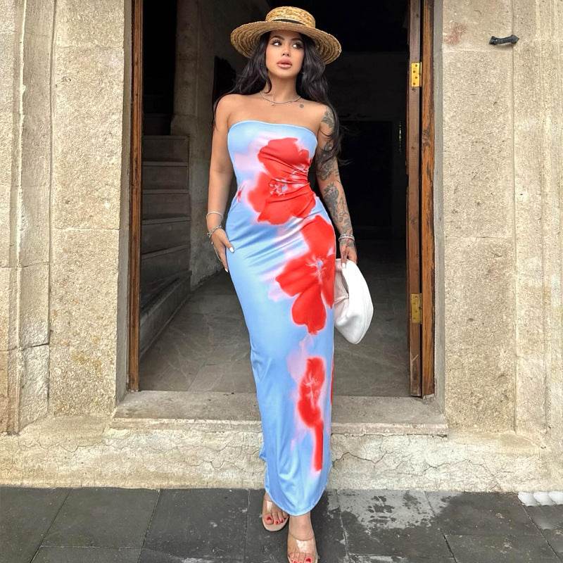 Slim Slit Tube Long Dress Summer Sexy Pint Party Beach Dresses Women's Clothing - Velora