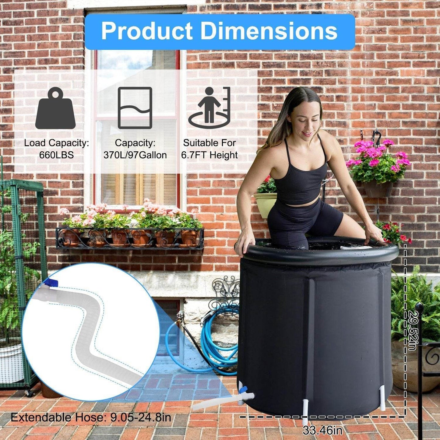 1Pc 97Gal Large Size Ice BathTub With Cover For Adults Athletes Recovery Cold Water Therapy Outdoor Portable Cold Plunge Tub 660LBS Load Capacity 33.46x33.46x29.52in - Velora