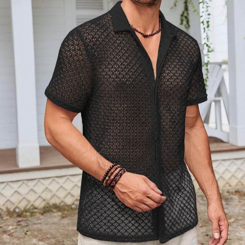 Fashion Solid Color Polo Collar Short Sleeve Mesh Shirt Tops Men Clothing - Velora