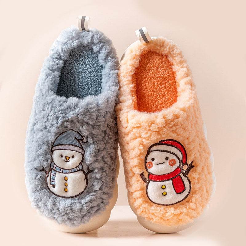 Cute Snowman Slippers Winter Indoor Household Warm Plush Thick-Soled Anti-slip Couple Home Slipper Soft Floor Bedroom House Shoes - Velora