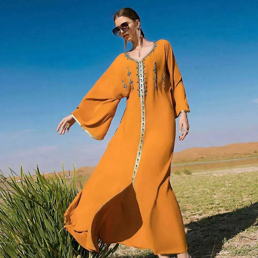 Luxury Hand-stitched Diamond Sleeve Dress Middle East Dubai Abaya Dress Fancy Summer Abaya Turkey Embellished Abaya dress - Velora