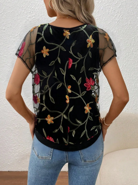 Floral Short Sleeve Sheer Top - Velora