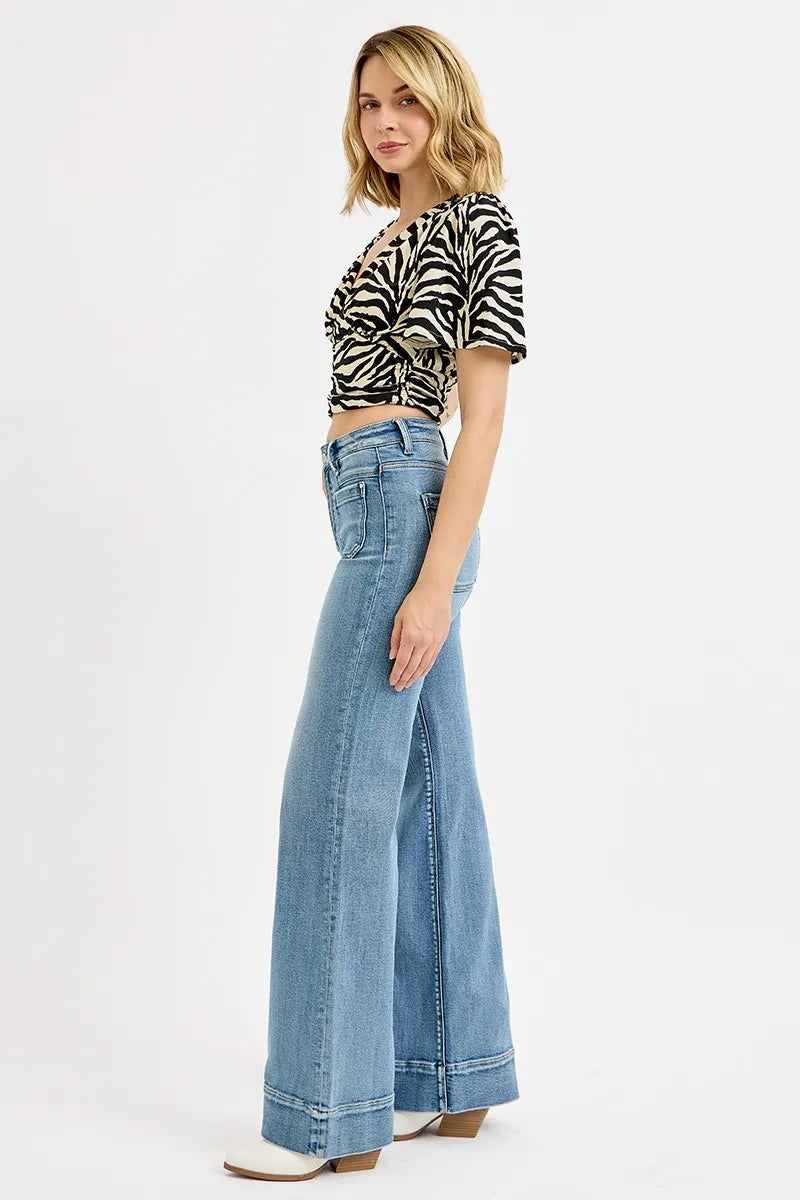 RISEN Full Size High Rise Wide Flare Patch Pocket Jeans Plus Size - Velora