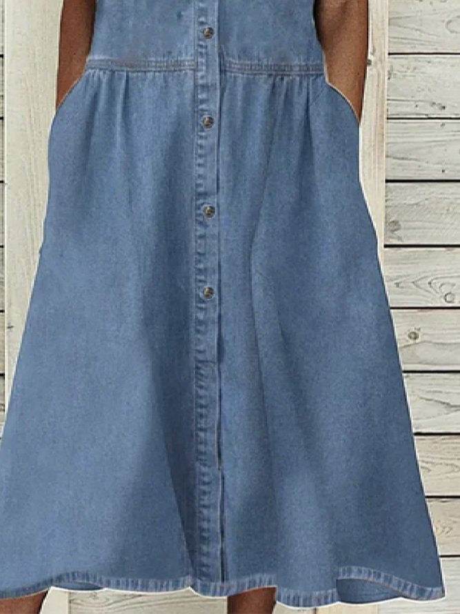 Women's European And American Lapel Casual loose button down Midi Denim jeans Mum Dress - Velora
