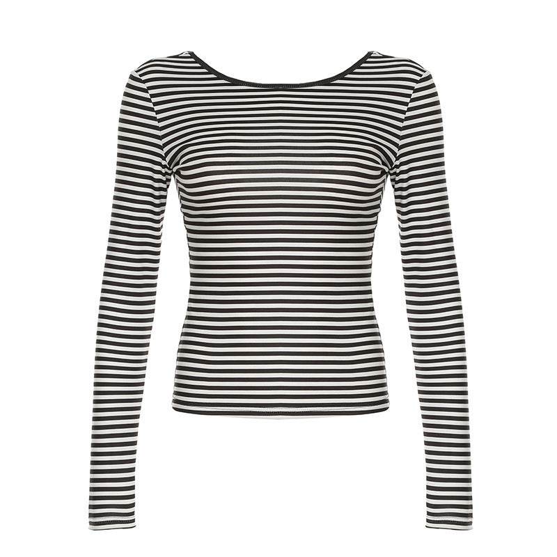 Contrast Color Striped Bare Back All-matching Slim Fit Bottoming Shirt Top - Velora