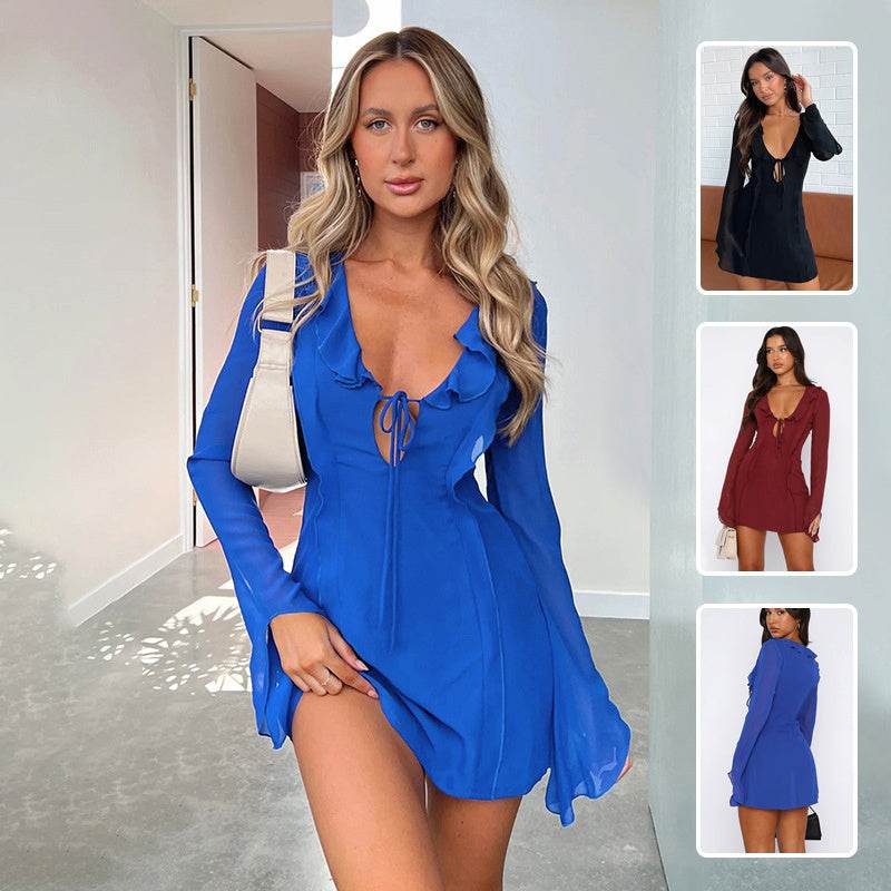 Sexy Ruffled V-neck Lace-up Long-sleeved Dress Fashion Y2K Skirt Slim Hip-covering Short Dresses For Womens Clothing - Velora