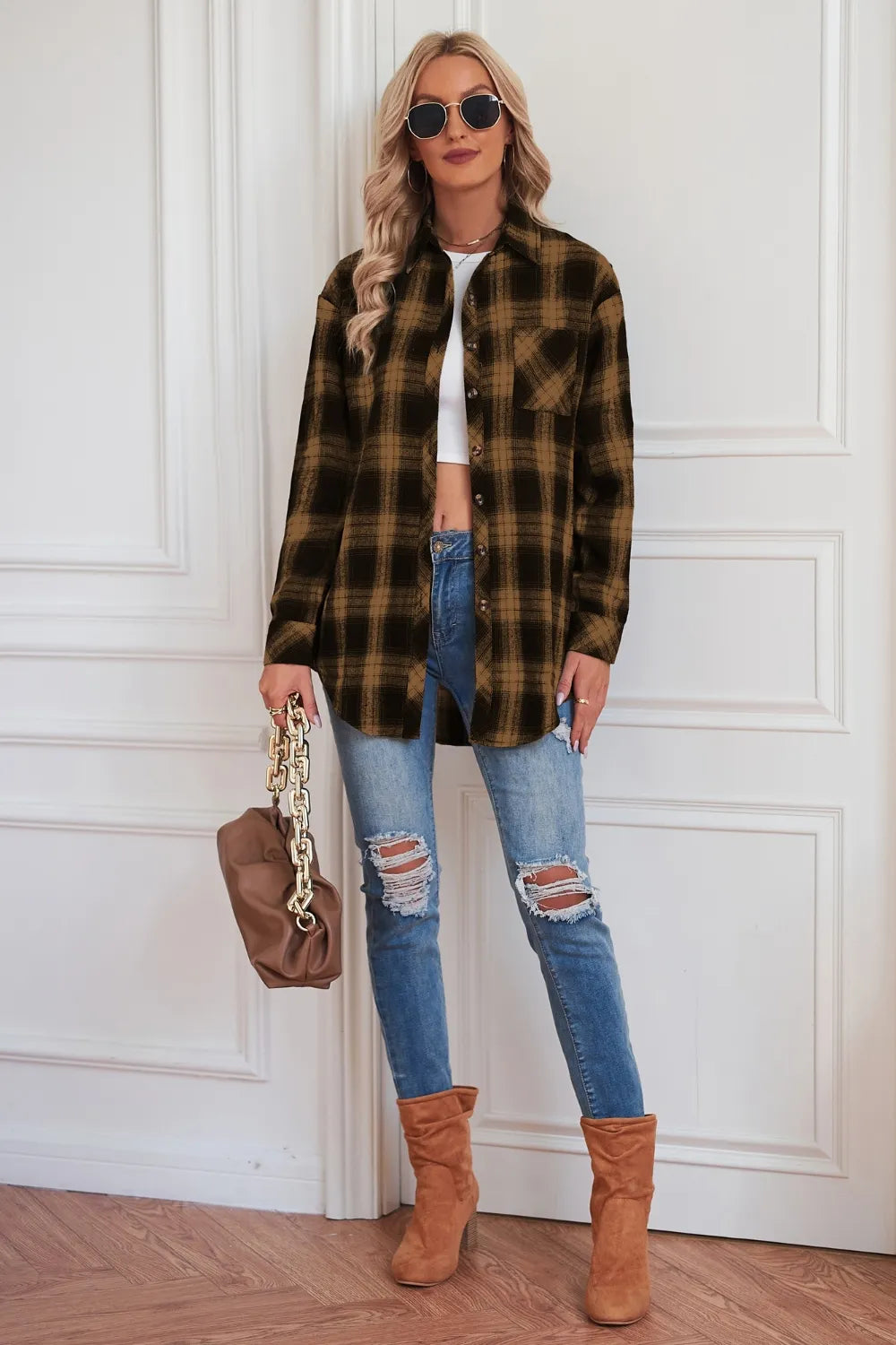 Plaid Button Up Dropped Shoulder Outerwear - Velora