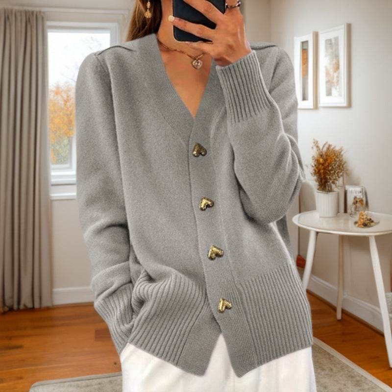 V-neck Knitted Sweater With Love Button Fashion Solid Long-sleeved Cardigan Spring And Autumn Women's Clothing - Velora