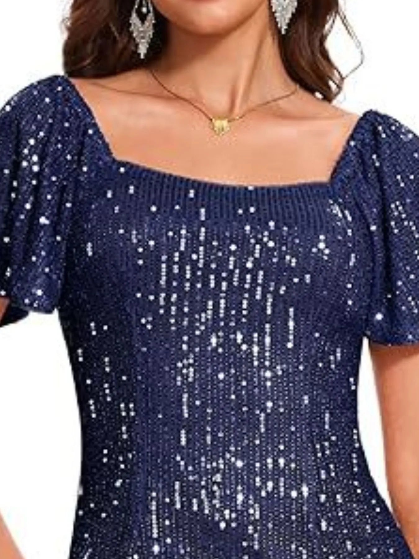 Square Neck Sequin Short Sleeve Blouse - Velora