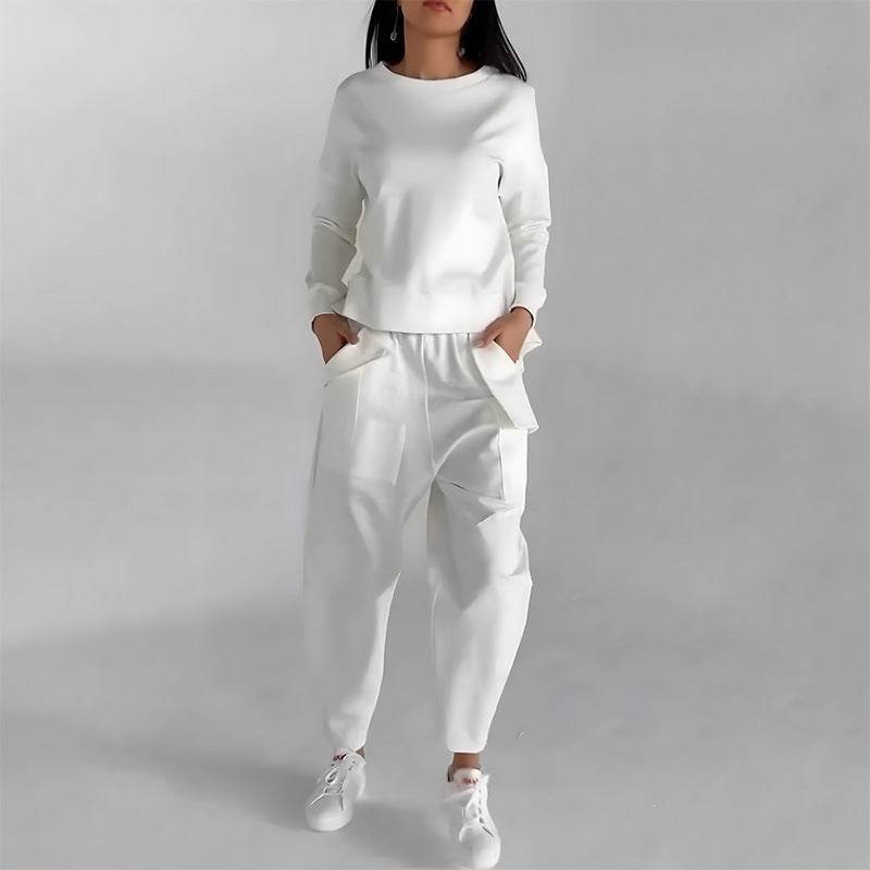 Solid Color Fashion Sweatshirt Long Sleeve Back Slit Top With Pockets Loose Trousers Women's Clothing - Velora