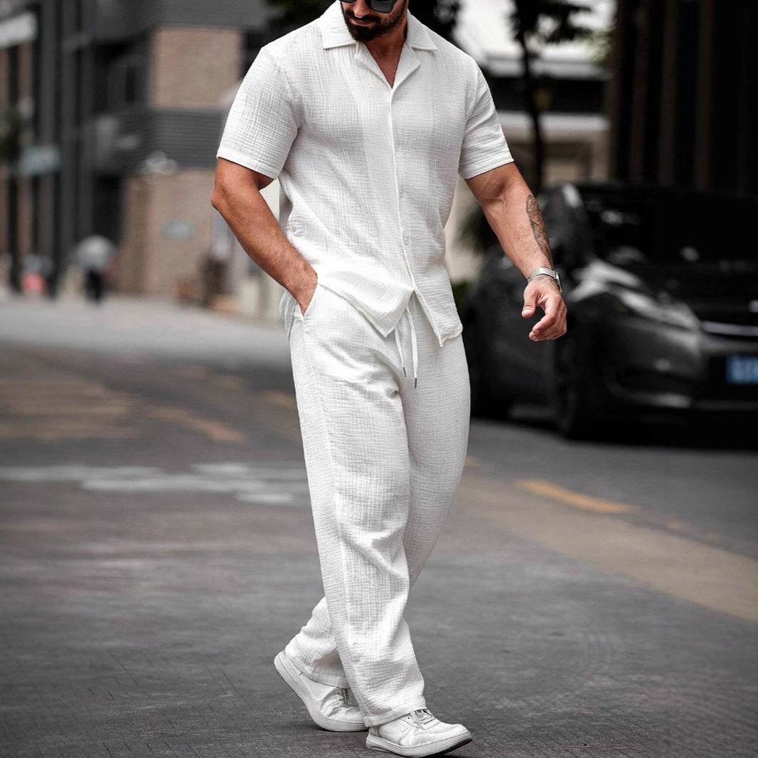 Polo Collar Solid Color Short Sleeve Button Trousers Men's Casual Shirt Outfit - Velora