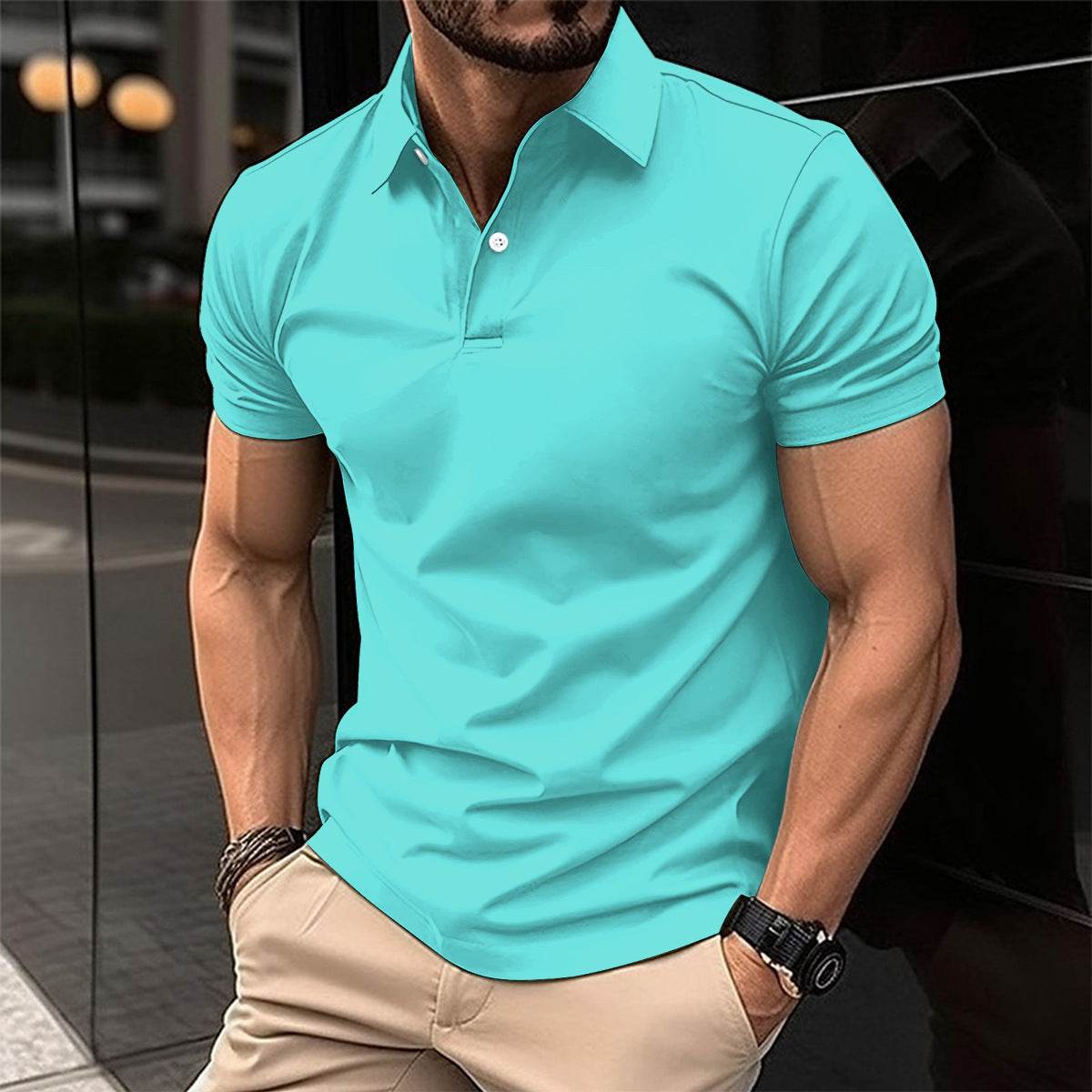 Summer Short Sleeve Polo Shirt Men Solid Color Button Lapel Button Top - Velora