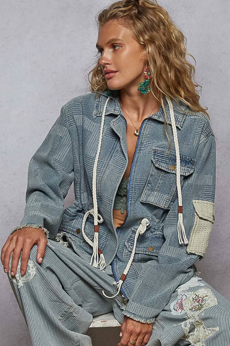 POL Raw Hem Drawstring Zip Up Hooded Denim Jacket - Velora