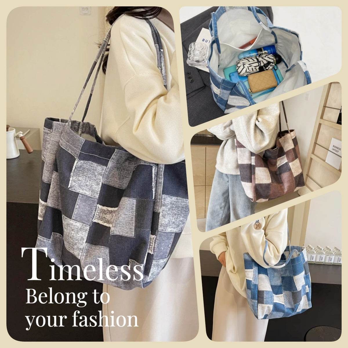 Women's Large Capacity Denim Color-contrast Check Idle Style Shoulder Commute Leisure Handbag Versatile Tote Bag - Velora