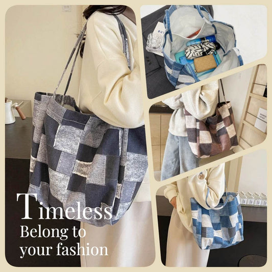 Women's Large Capacity Denim Color-contrast Check Idle Style Shoulder Commute Leisure Handbag Versatile Tote Bag - Velora
