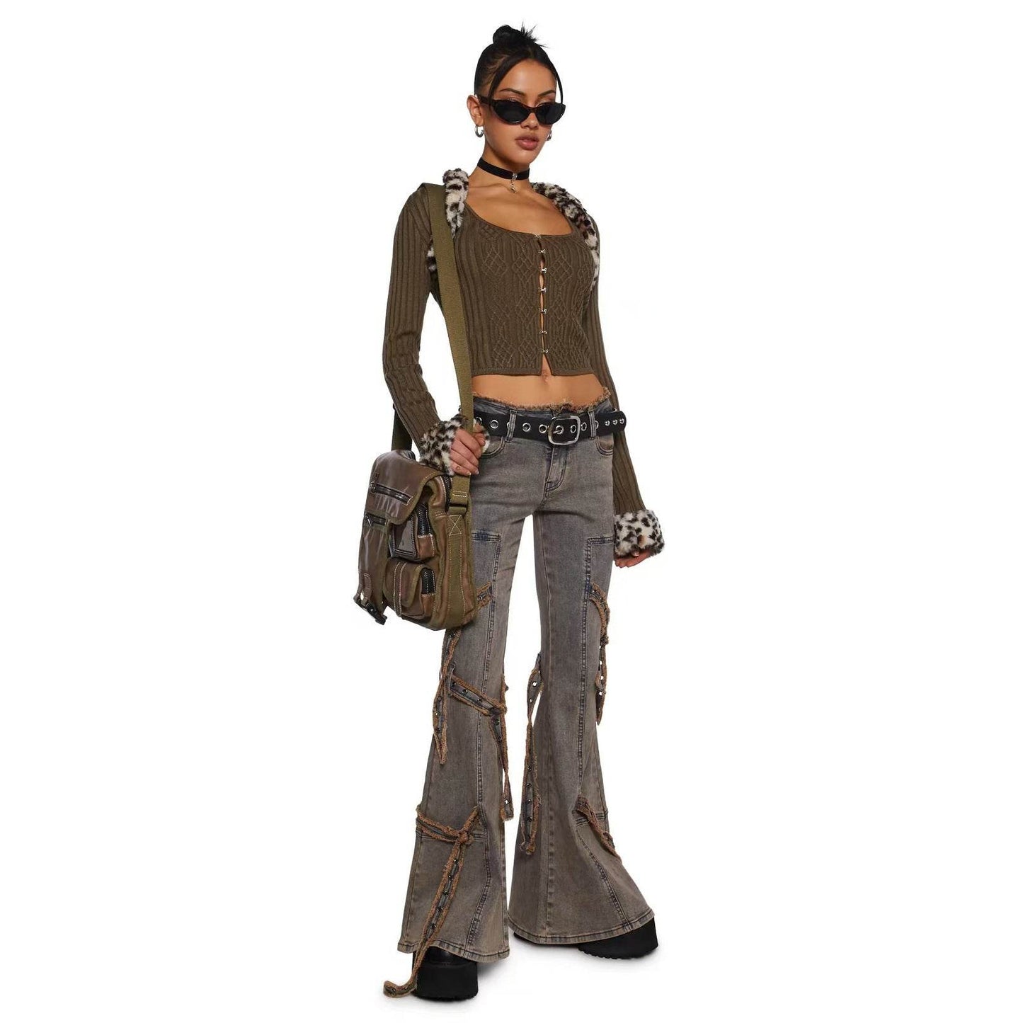 Slim-fit Fleece Patchwork Knitting Top Two-piece Set - Velora